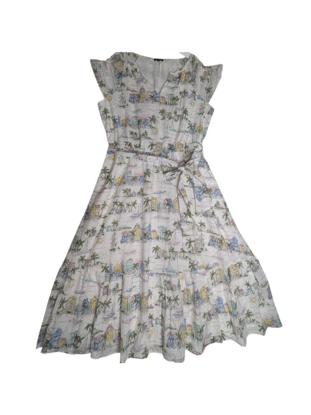 Talbots Scenic Curaçao Ruffle Fit & Flare Dress Cotton V-Neck Size 8 Sleeveless - Picture 15 of 16